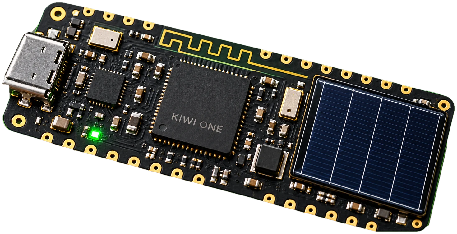Concept image of the KIWI ONE BOARD: a small black development board with a USB-C connector, the KIWI ONE chip, a microcontroller, a printed antenna, a mini solar panel and gold-plated GPIO pads.