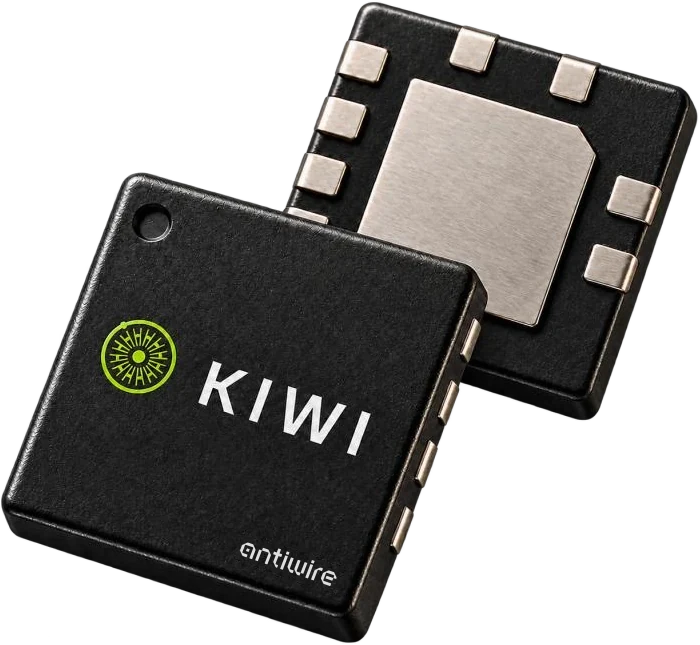KIWI, a 10 by 10 millimetre QFN package shown from the top and the bottom, with eight peripheral pads and a central exposed pad.