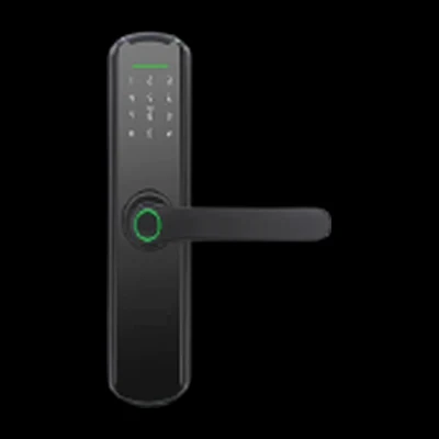 A black smart door lock with a keypad and a green ring.