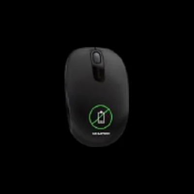 A black wireless mouse with a green logo.