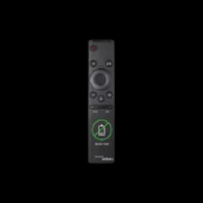 A black TV remote control with a green indicator.